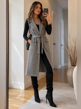 Twist Houndstooth Belted Long Vest Black & White Size 36